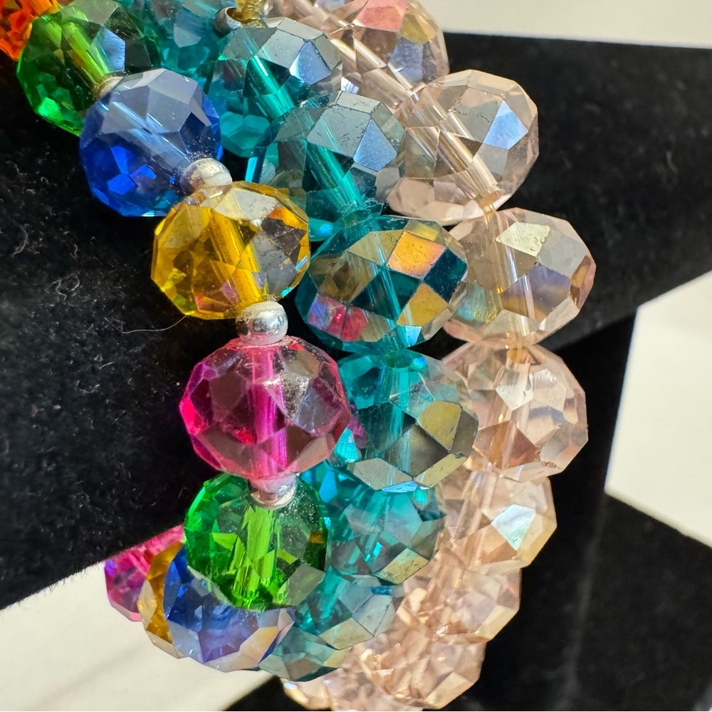 SET of 3 AB Faceted Glass Bead Bracelet Blue Pink Multicolor Iridescent Stretch